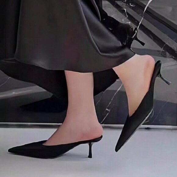 Black Satin Women's Elegant Casual Outdoor Slip-On Mules - Picture 2 of 7